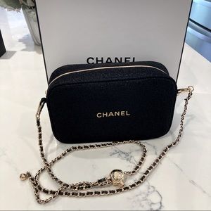 Large Black Chanel cosmetic bag from 2021 Holiday Gift Set with 51” gold chain